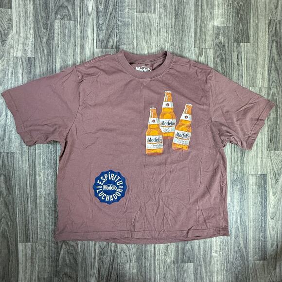 Modelo Beer T-Shirt Large Brown Graphic Espiritu Luchador Fighting Spirit - Picture 1 of 5